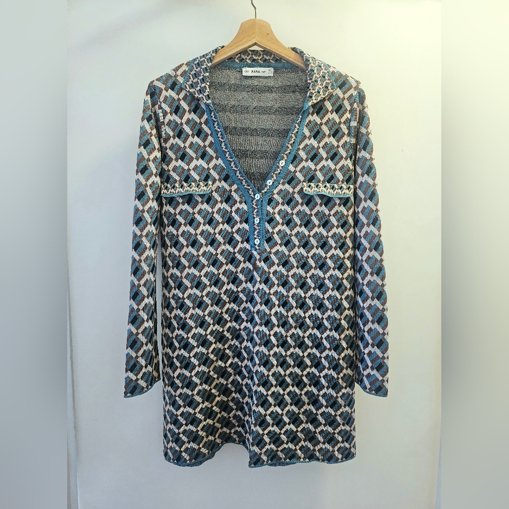 Zara Long Sleeve Mini Dress, Geometric Blue/Brown Pattern, Small